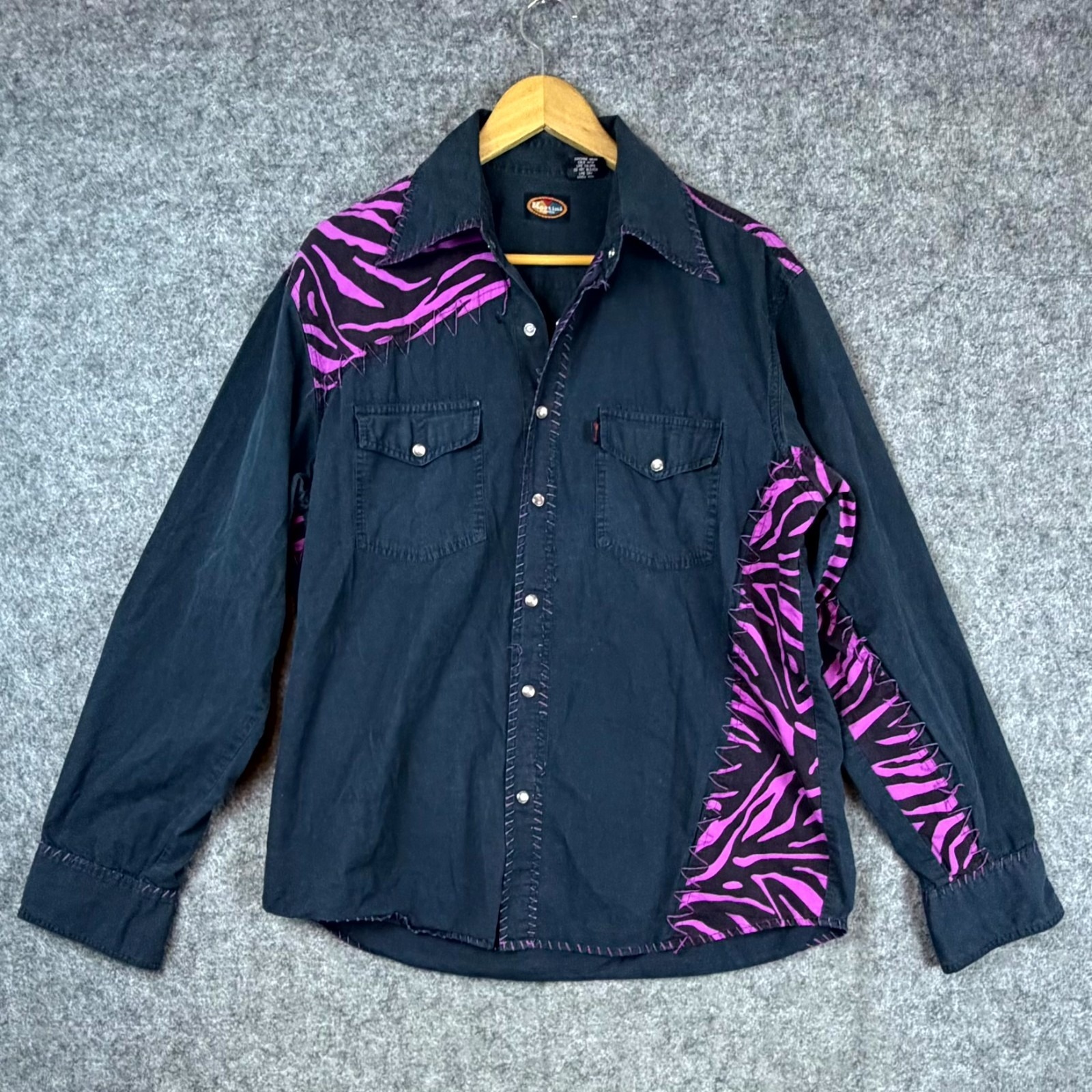 Martini Ranch Western Shirt Mens Large Blue Pink Zebra Cowboy Pearl Snap